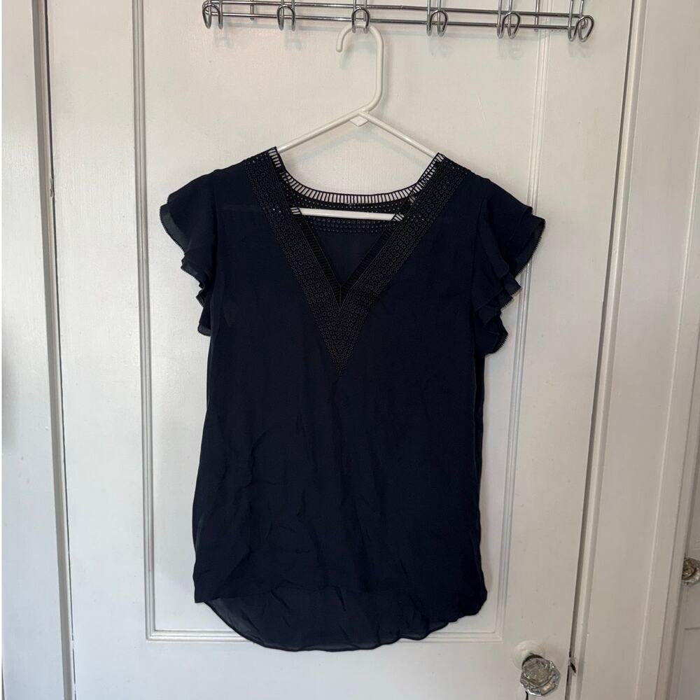 Tahari Sheer Black Flutter Sleeve Vneck Silk Blouse Women's size XS